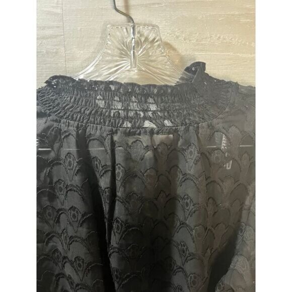 Black Textured Long-Sleeve Smocked Waist Top With Lace Details & Ruffled Necklin - Picture 7 of 8